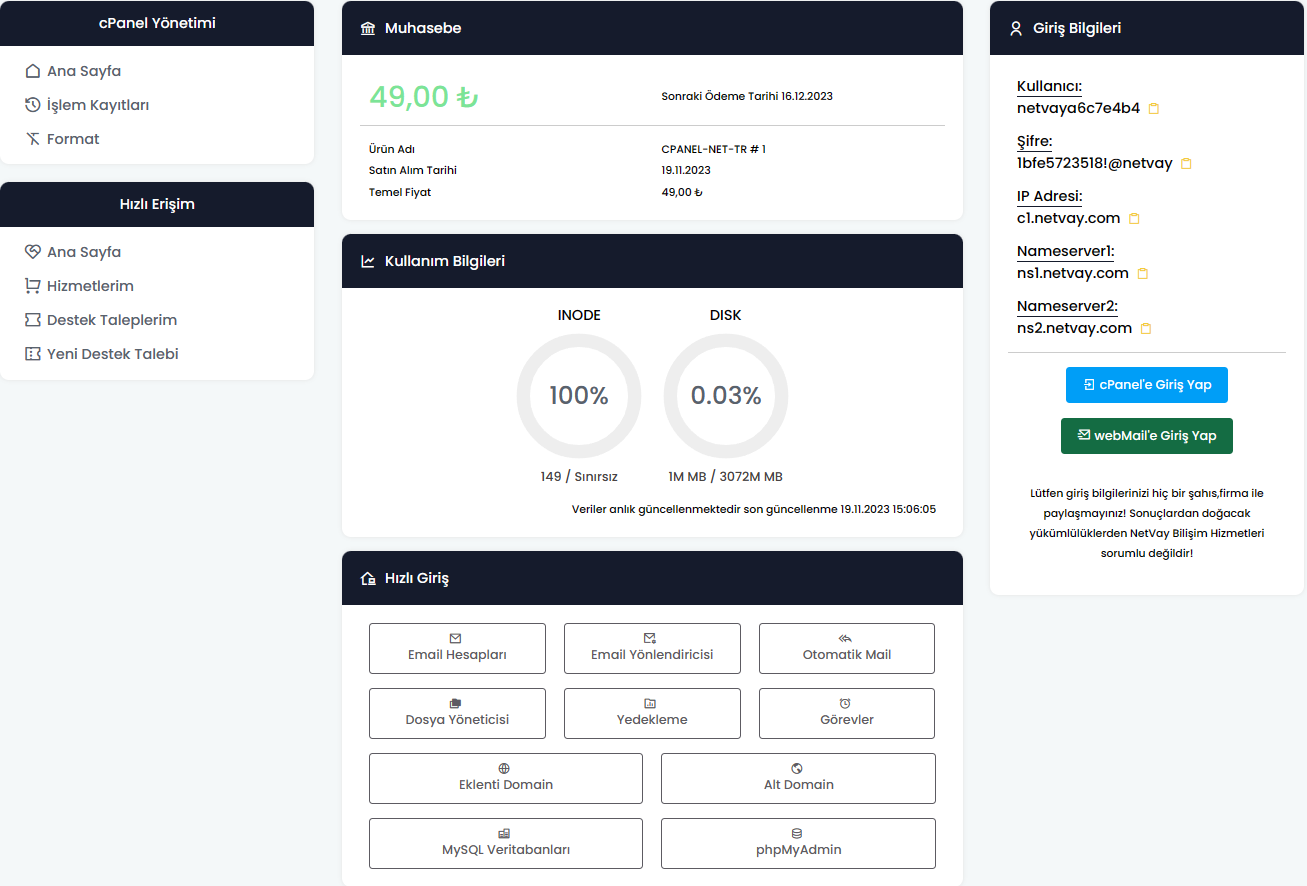 DiyoCP cPanel Arayüz görüntüsü